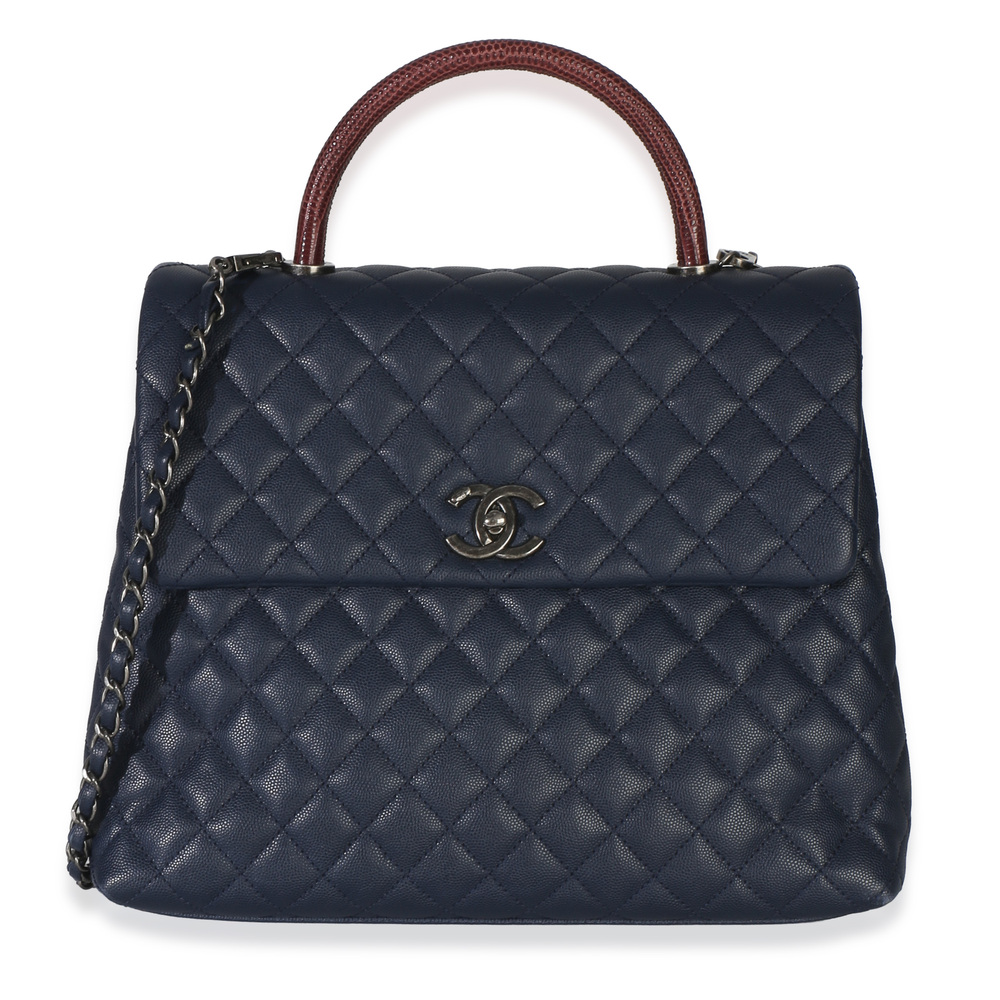 Chanel Navy Quilted Caviar Lizard Large Coco Top Handle Bag
